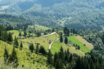 Mountain landscape and villages on the Rucar Bran corridor, in Transylvania, Romania