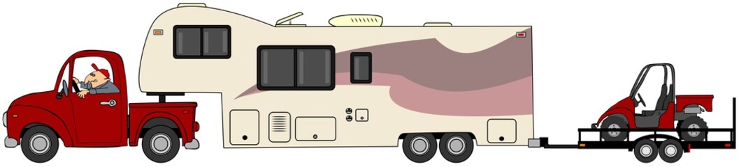 Illustration of a man driving a truck pulling a 5th wheel trailer that is pulling a side by side ATV. © Dennis Cox