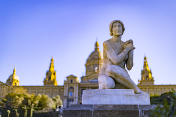 Elements of the architecture of the national park Montjuic at plaza Spain in Barcelona 