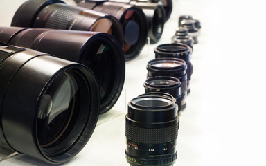 Collection of macro camera lenses in a row
