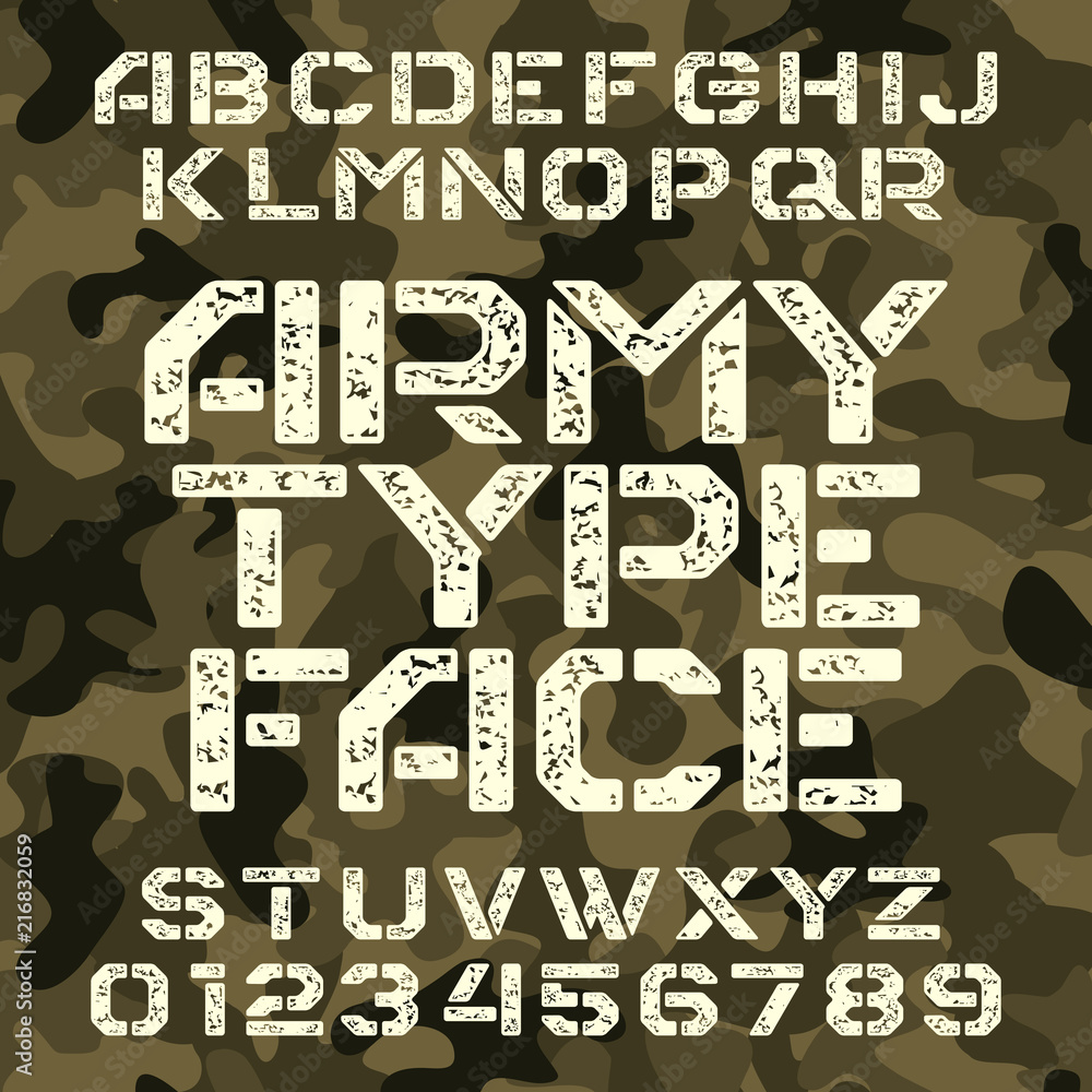 Fototapete army stencil alphabet font. grunge type letters and numbers on military camo background. vector type