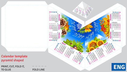 Template english calendar 2019 by seasons pyramid shaped, vector background