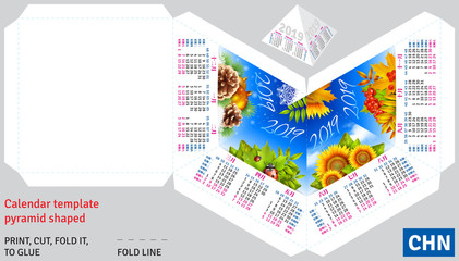 Template chinese calendar 2019 by seasons pyramid shaped, vector background