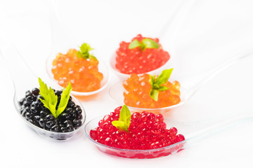 Plastic spoons with fish caviar on a white background. 