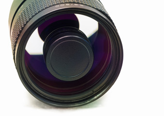 Macro camera lens on white background