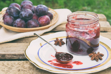 Plum jam with star anise and cinnamon. Fruit marmalade. Autumn canning and preserving. Conservation of harvest. Organic healthy vegetarian food.