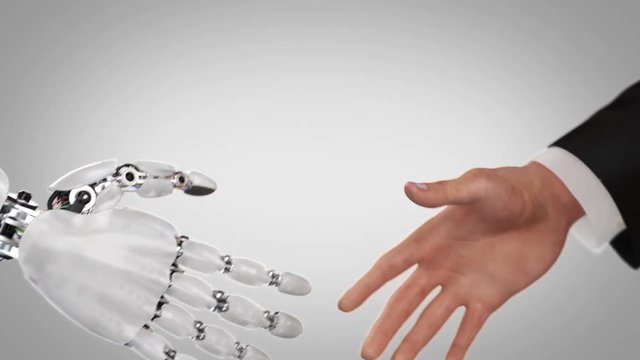 Robot and Man Shaking Hands. Beautiful realistic 3d animation on a green background with a pass of depth of field. 4K