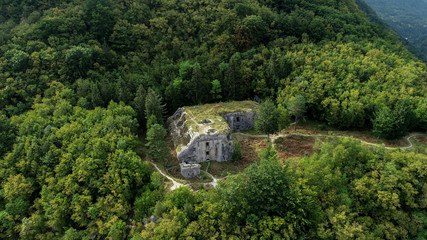 Fototapeta na wymiar The fortresses of Kluže near Bovec, Slovenia are located in the narrow part of the Koritnica valley. They were built at the end of the 19th century as part of a system of Austrian fortifications along