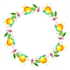 wreath from a branch with lemon and leaves, watercolor illustration