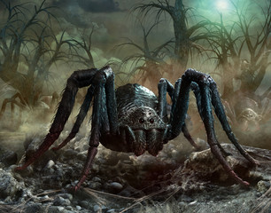 Giant spider scene 3D illustration - obrazy, fototapety, plakaty