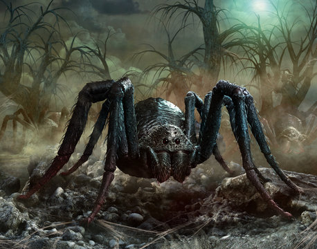 Giant spider scene 3D illustration