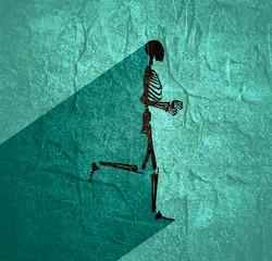 Human skeleton running. Halloween party design template. Web icon with long shadow
