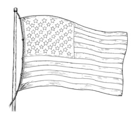 American flag drawing - vintage like illustration of flag of USA. Contour on white background.