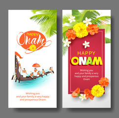Happy Onam vertical banners for South India harvest festival. Vector set.