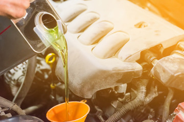 The man pours oil into the gearbox