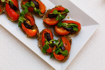 Ready to eat bruschetta with cream cheese avocado tomatoes