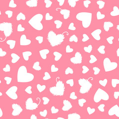 Vector white fluffy heart seamless pattern Isolated on pink background.