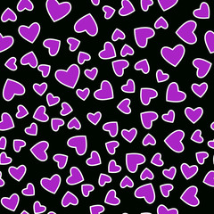 Vector purple heart hand drawn seamless pattern Isolated on black background.