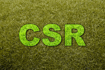 Green grass background emerges "CSR" embossed letters to express Corporate Social Responsibility concept.