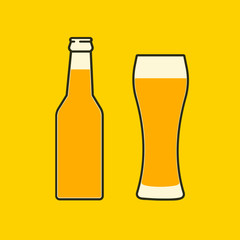 Glass of beer and bottle flat icon.Symbol Template Logo. Isolated vector illustration on white background.