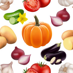 Seamless pattern with vegetables. Vegeterian food isolated on white background. Tomato, pumpkin, cabbage, potatoes onion broccoli carrot pepper and garlic. 3d realism vector illustration.