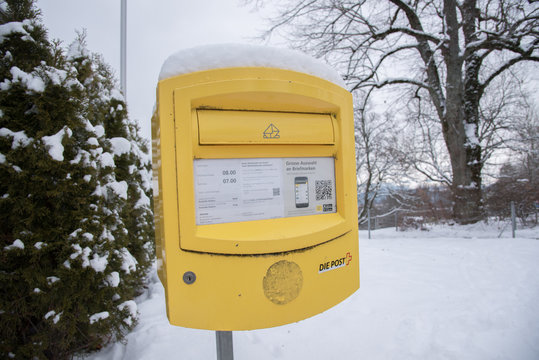 Postbox on Mount Gurten in winter, Switzerland, Europe