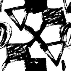 Seamless pattern. Vector abstract background. Black and white. Hand drawn geometric illustration with circles triangles squares and crosses. Sketch brush strokes.