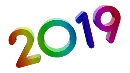 2019 Happy New Year 3D Rendered Text With AntipastoProDemiBold Font Illustration Colored With RGB Rainbow Gradient, Isolated On White Background ..