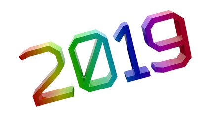 2019 Happy New Year 3D Rendered Text With Bender Font Illustration Colored With RGB Rainbow Gradient, Isolated On White Background ..