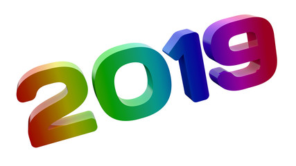 2019 Happy New Year 3D Rendered Text With Days Font Illustration Colored With RGB Rainbow Gradient, Isolated On White Background ..