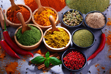 Variety of spices on kitchen table