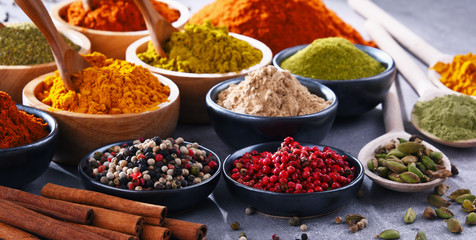 Variety of spices on kitchen table