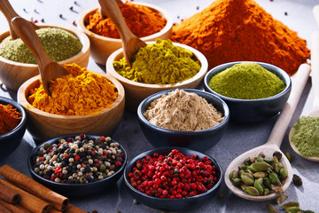 Variety of spices on kitchen table