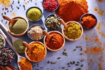 Variety of spices on kitchen table