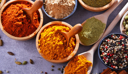 Variety of spices on kitchen table