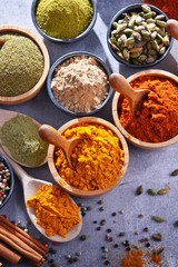 Variety of spices on kitchen table