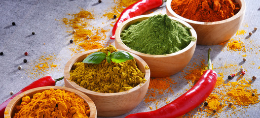 Variety of spices on kitchen table