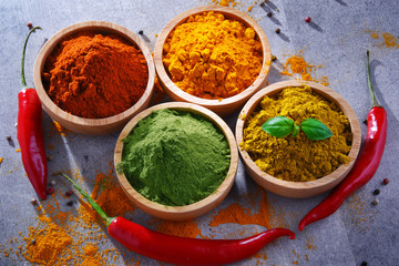 Variety of spices on kitchen table