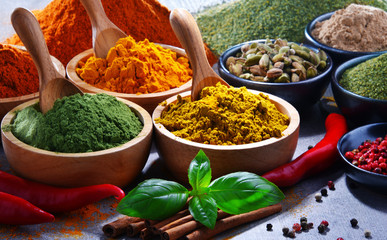 Variety of spices on kitchen table