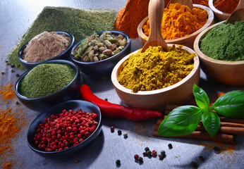 Variety of spices on kitchen table