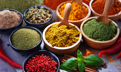 Variety of spices on kitchen table