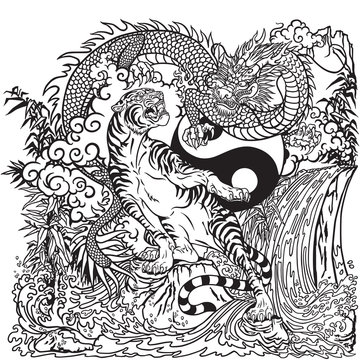 Chinese dragon versus tiger in the landscape with waterfall , rocks ,plants and clouds . Two spiritual creatures in the Buddhism. Black and white vector illustration included Yin Yang symbol