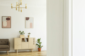 Retro style apartment interior with a minimalist, wooden cabinet in a bright living room interior...