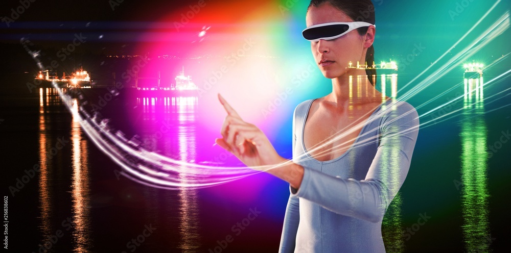 Poster composite image of woman pointing while using virtual video