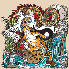 Chinese dragon versus tiger in the landscape with waterfall , rocks ,plants and clouds . Two spiritual creatures in the Buddhism. Vector illustration included Yin Yang symbol