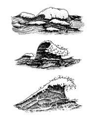 Naklejka premium Atlantic tidal waves. Vintage old engraved hand drawn labels. Marine and nautical or sea, ocean background for banner or poster. set of Isolated vector illustration.
