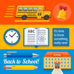 Three wide school designs with bus, book, buinding