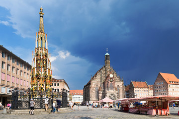 historic medieval centre - gothic Frauenkirche on Hauptmarkt, town Nuremberg, Germany, Europe - obrazy, fototapety, plakaty