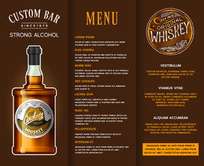 Alcohol drink in a bottle. Banner or brochure with vintage labels. Realistic Whiskey. Vector illustration template for pub menu. logo engraved hand drawn.