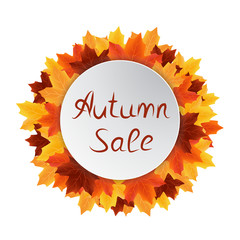 Autumn leaves sale circle label isolated on white background